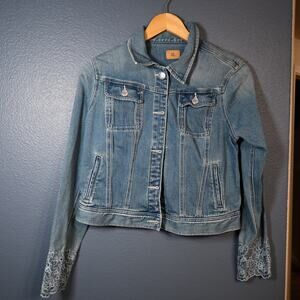 RL Denim Jacket Women’s Size 10 Cropped Blue Jean Jacket Lace Cuff Detail